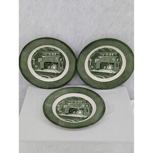 3 Plates Vintage Royal Colonial Homestead Green White Cabin Hearth Fireplace 10"